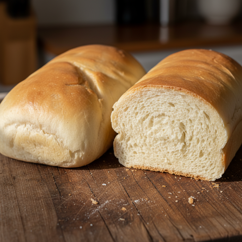 Homemade sandwich bread loaves, golden brown crust, freshly baked